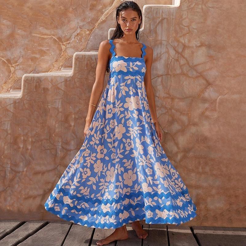 Blue Floral Ankle-Length Dress with Wavy Trim