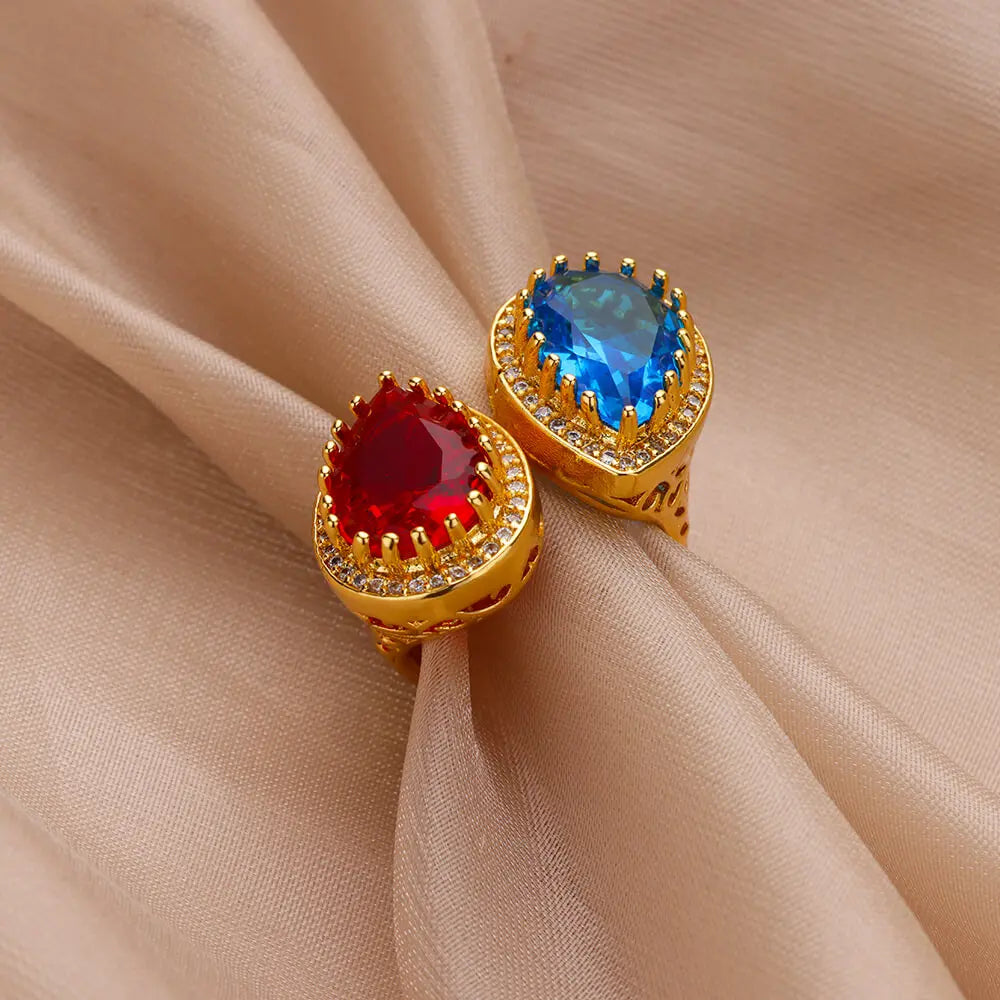 Luxury Water Drop Zircon Rings for Women - Red Blue Cubic Zirconia Stainless Steel Band