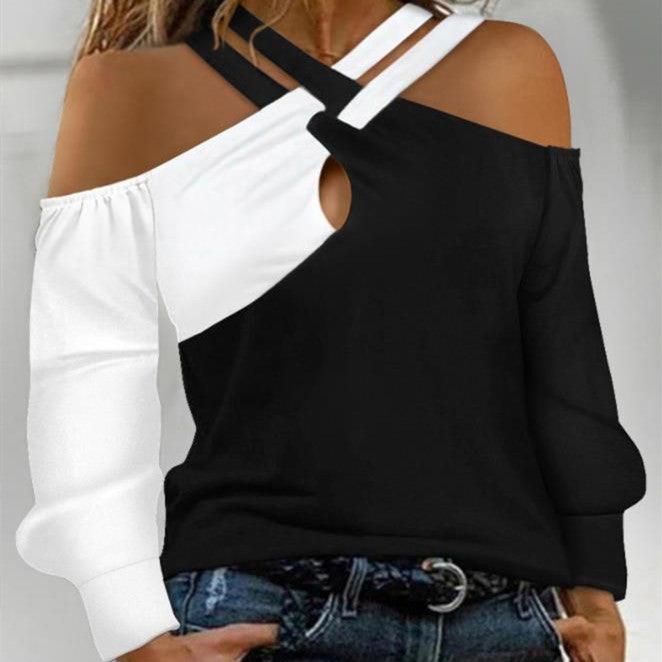 Black And White Patchwork Casual Fashion Cross Belt Women's Top - Trendha