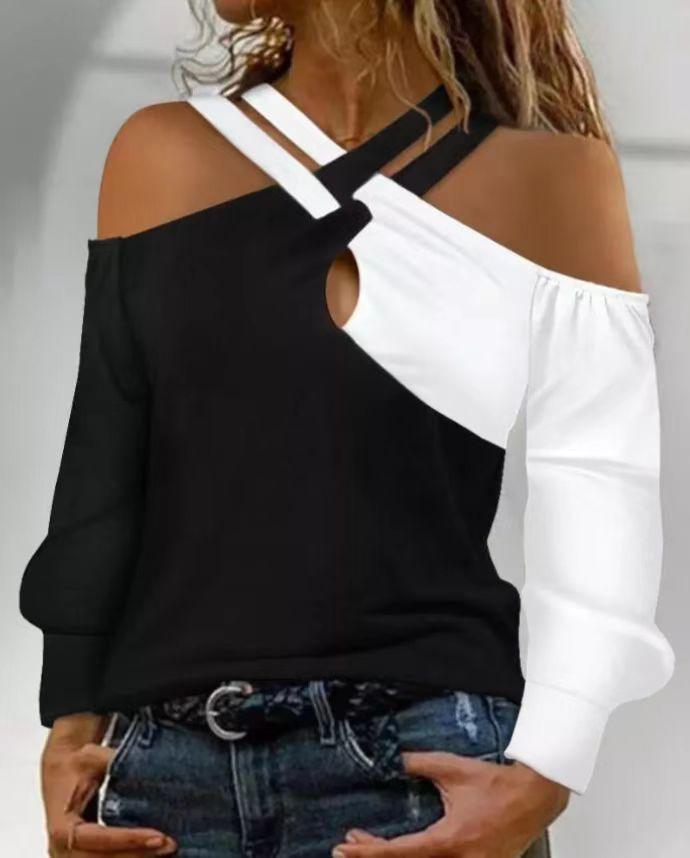 Black And White Patchwork Casual Fashion Cross Belt Women's Top - Trendha