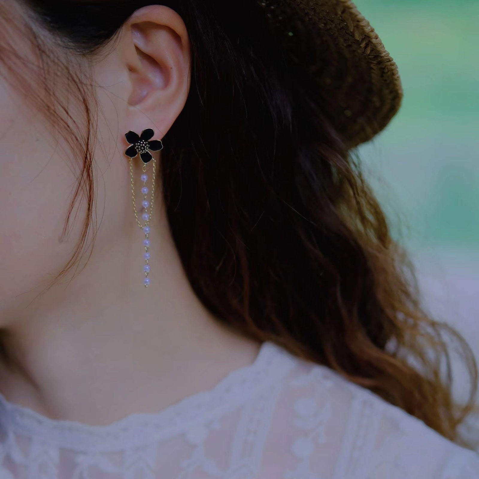 Black Camellia Tassel 925 Silver Needle Earrings - Trendha