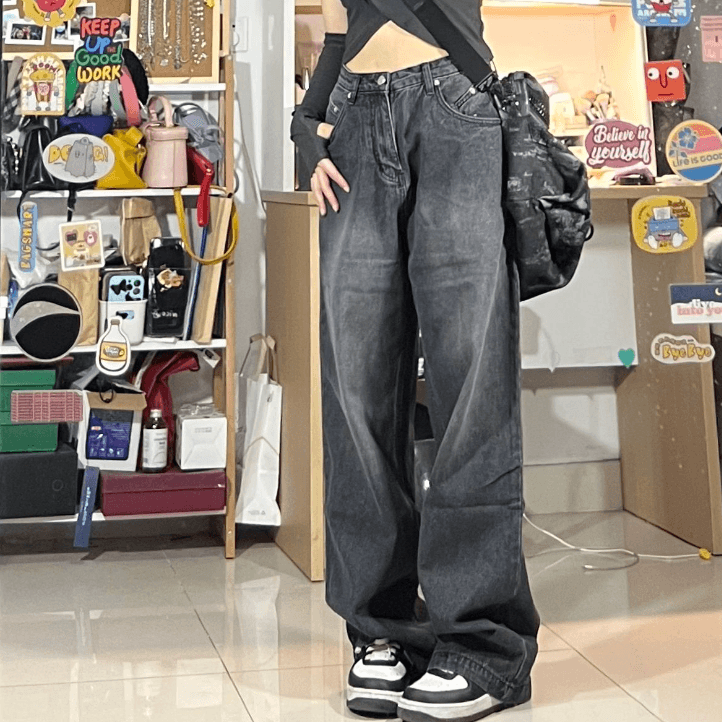 Black Jeans Women's High Waist Loose Straight Wide Leg Mopping Pants - Trendha