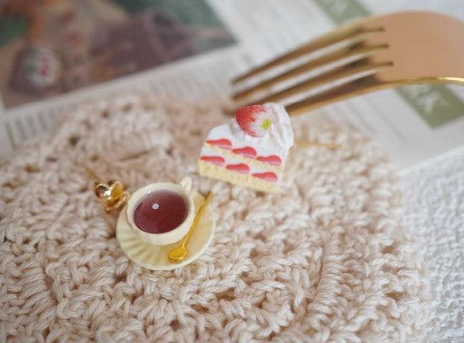 Black Tea With Strawberry Triangle Cake Handmade Miniature Food Play Earrings - Trendha
