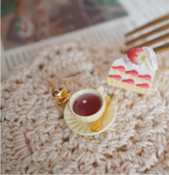 Black Tea With Strawberry Triangle Cake Handmade Miniature Food Play Earrings - Trendha