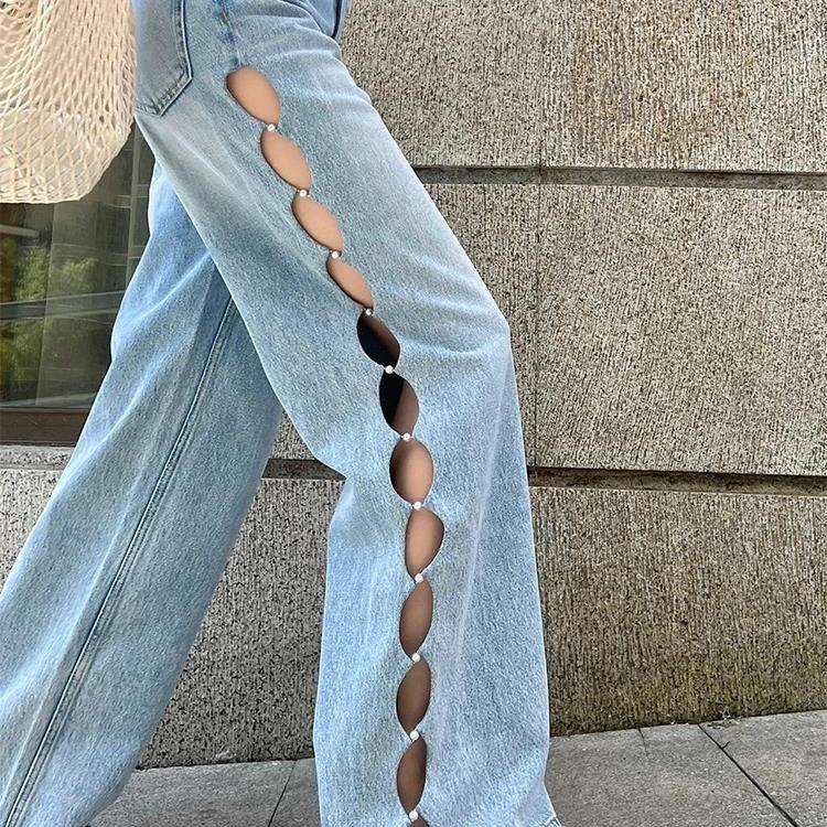 Blue Pearl Hollow Wide-leg Jeans Female Summer - Trendha