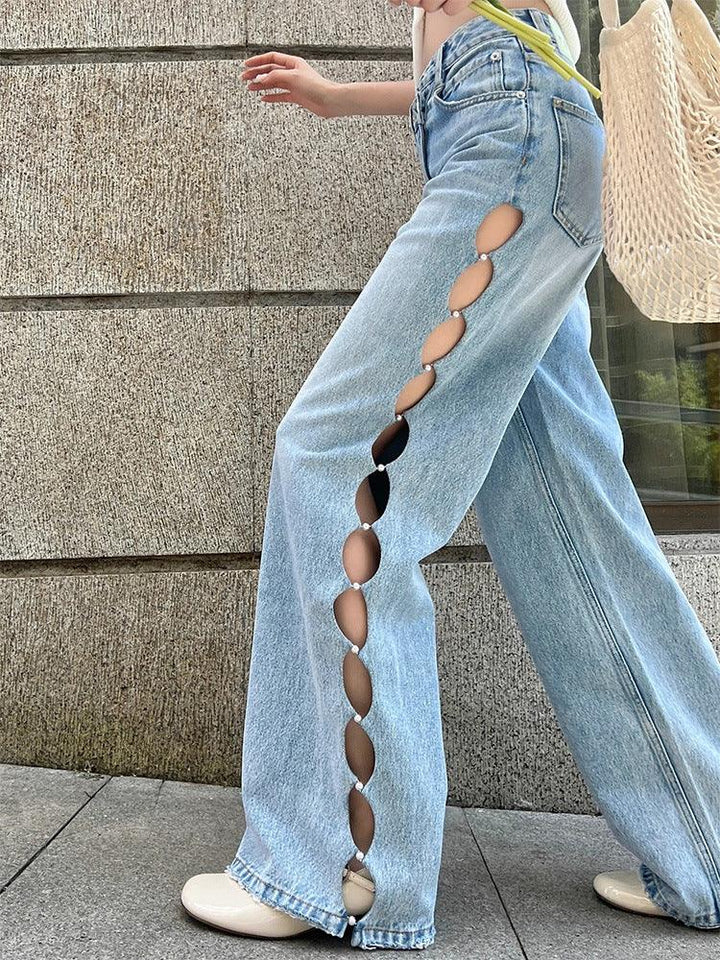 Blue Pearl Hollow Wide-leg Jeans Female Summer - Trendha