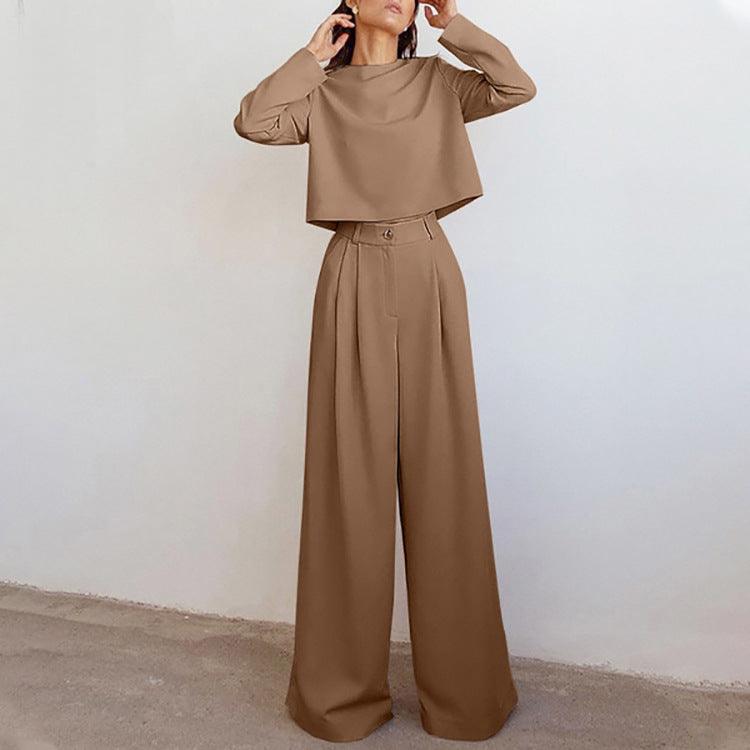 Brown Fashionable Korean Style Long Sleeve Pure Color Cotton Two-piece Set - Trendha