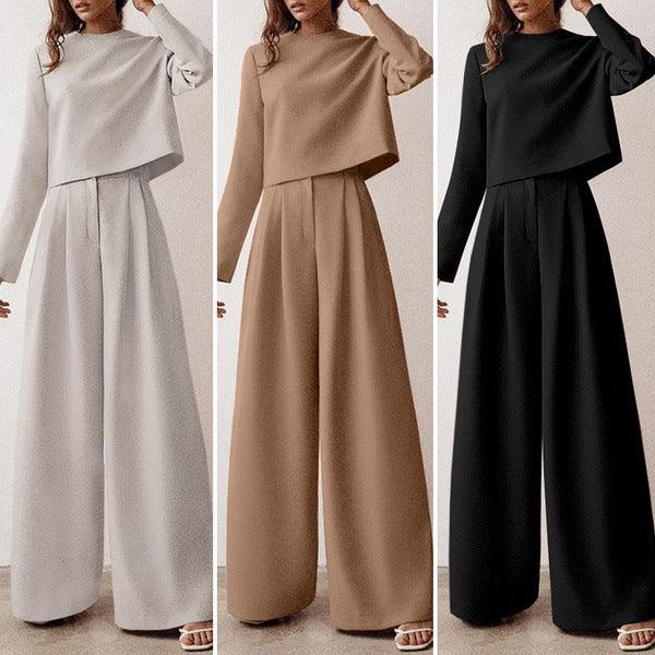 Brown Fashionable Korean Style Long Sleeve Pure Color Cotton Two-piece Set - Trendha