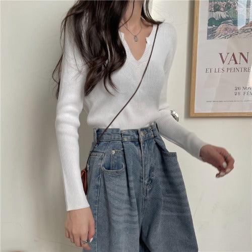 Brown Knitted Long-sleeved V-neck Bottoming Shirt For Women - Trendha