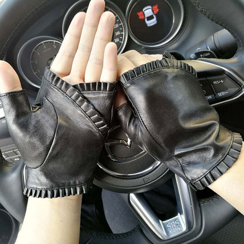 Women's Leather Fashion Ruffled Half-finger Gloves