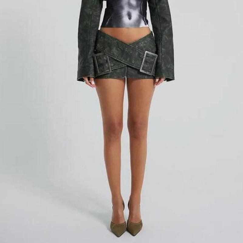 Cyberpunk Y2K Faux Leather Wrap-Around Micro Mini Skirt with Belt