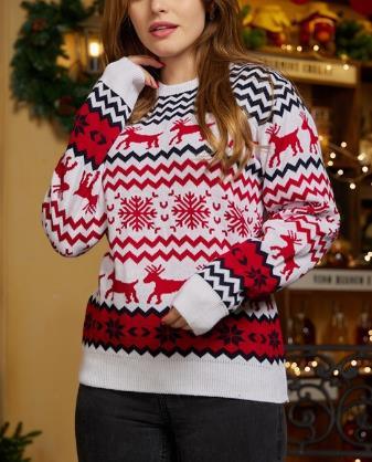 Women's Christmas Reindeer Xmas Snowflake Patterns Knitted Sweater Long Sleeve Elk Floral Printed Pullover - Trendha
