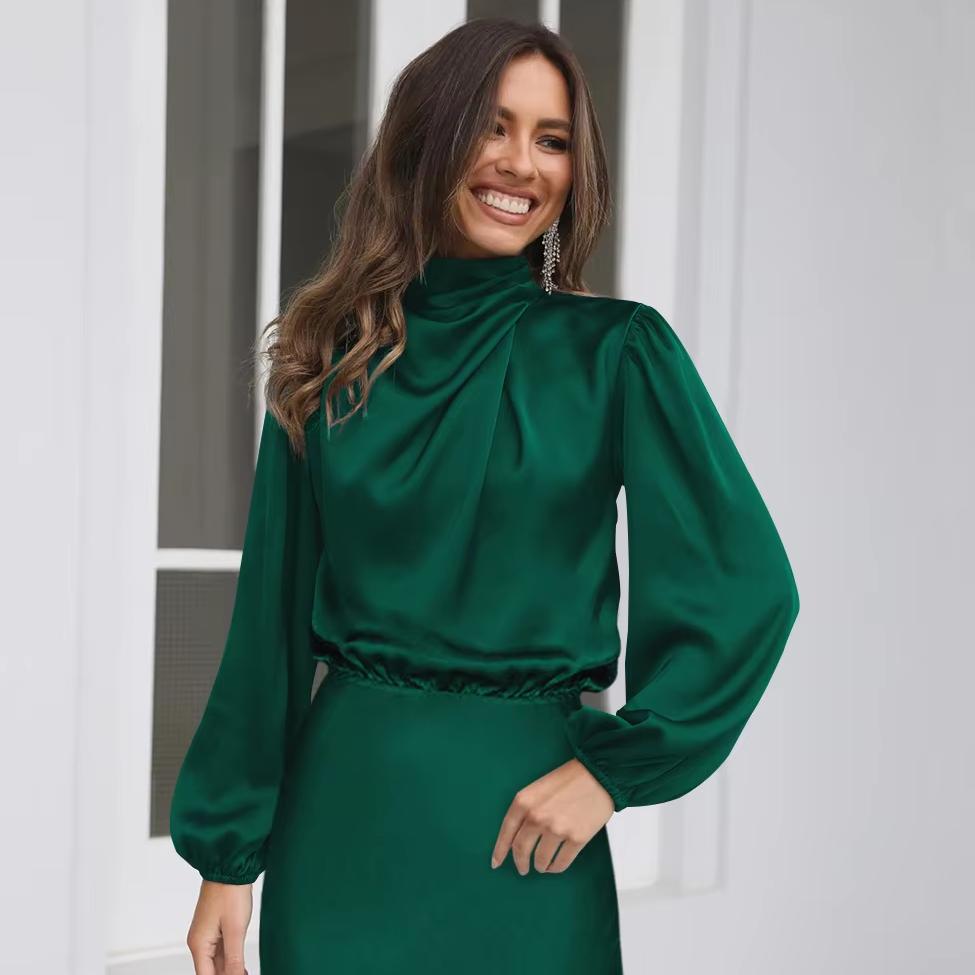 Elegant Satin Long-Sleeved Ruched Slim Dress for Evening and Parties – Autumn