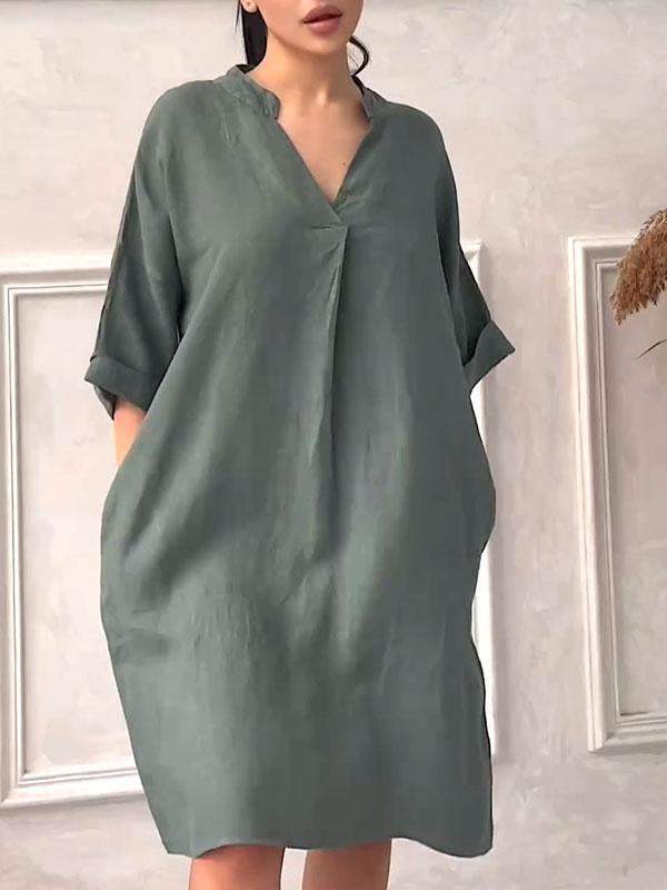 Fashion Cotton Linen Women V-neck Loose Plus Size Dress