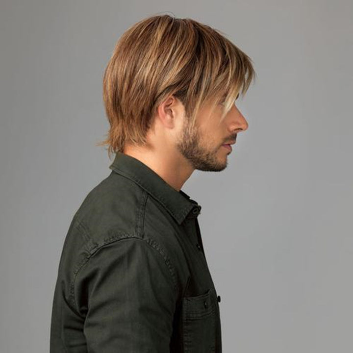 Men's Short Straight Hair Golden Brown Side Bangs Wig