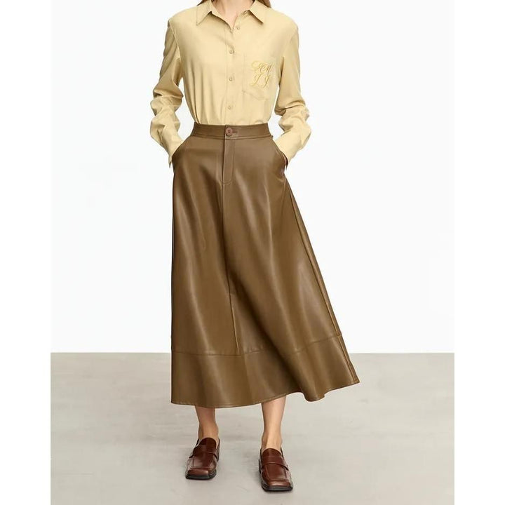 Elegant Autumn Ankle-Length A-Line Leather Midi Skirt for Women