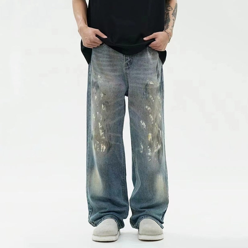 Men's Splash-ink Paint American Retro Loose Straight Wide-leg Pants