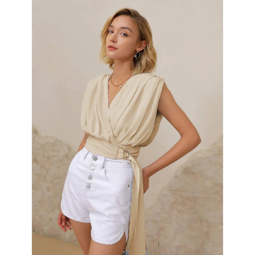 Women's Holiday Wrap Blouse with Buckle Detail