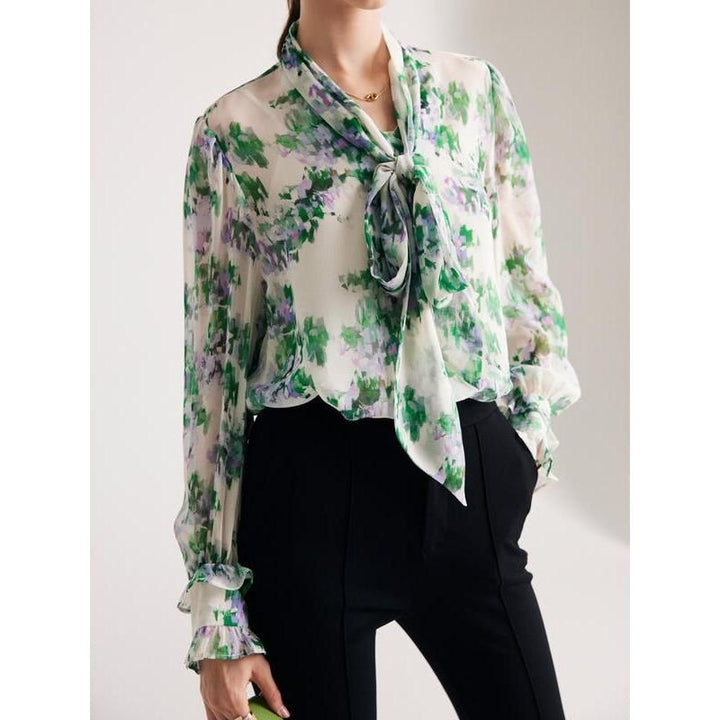 Floral Silk-Blend Bow Collar Blouse for Women