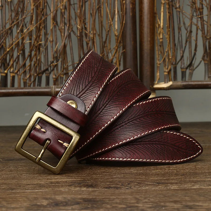 3.8CM Vintage Printed Leather Belt – Copper Buckle Cowhide Strap for Men’s Jeans