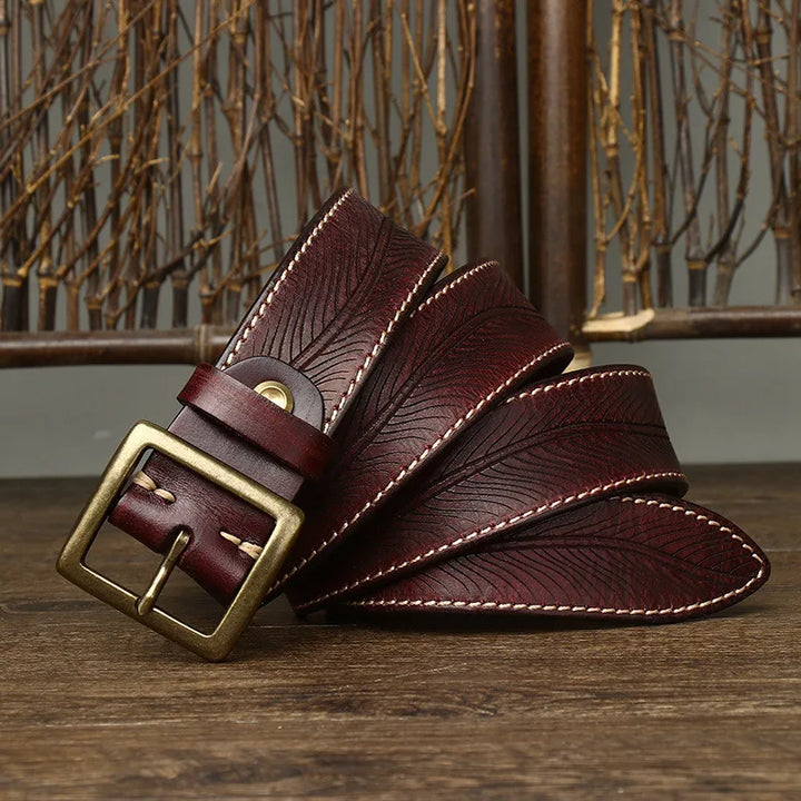3.8CM Vintage Printed Leather Belt – Copper Buckle Cowhide Strap for Men’s Jeans