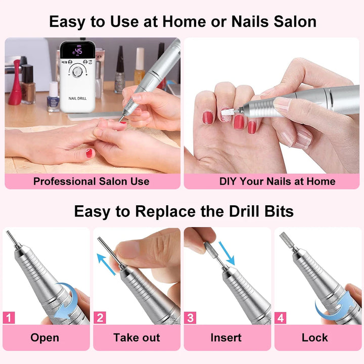 Nail Drill Machine 45000RPM Rechargeable Electric Nail Drill Polisher for Professional Manicure