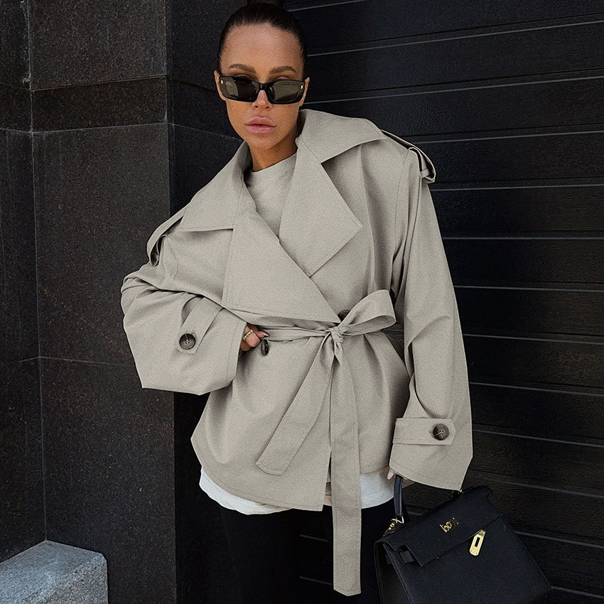 Loose Waistband Long Sleeve Trench Coat Casual Jacket