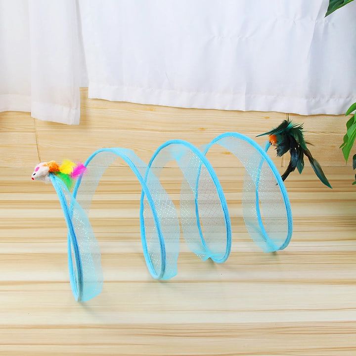 Interactive Foldable Cat Tunnel with Feather Toys and Mouse