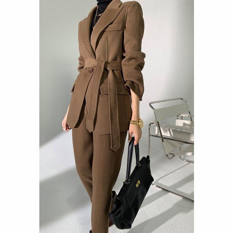 Autumn Winter Elegant Woolen Pant Suits with Belted Jackets and Warm Trousers for Women