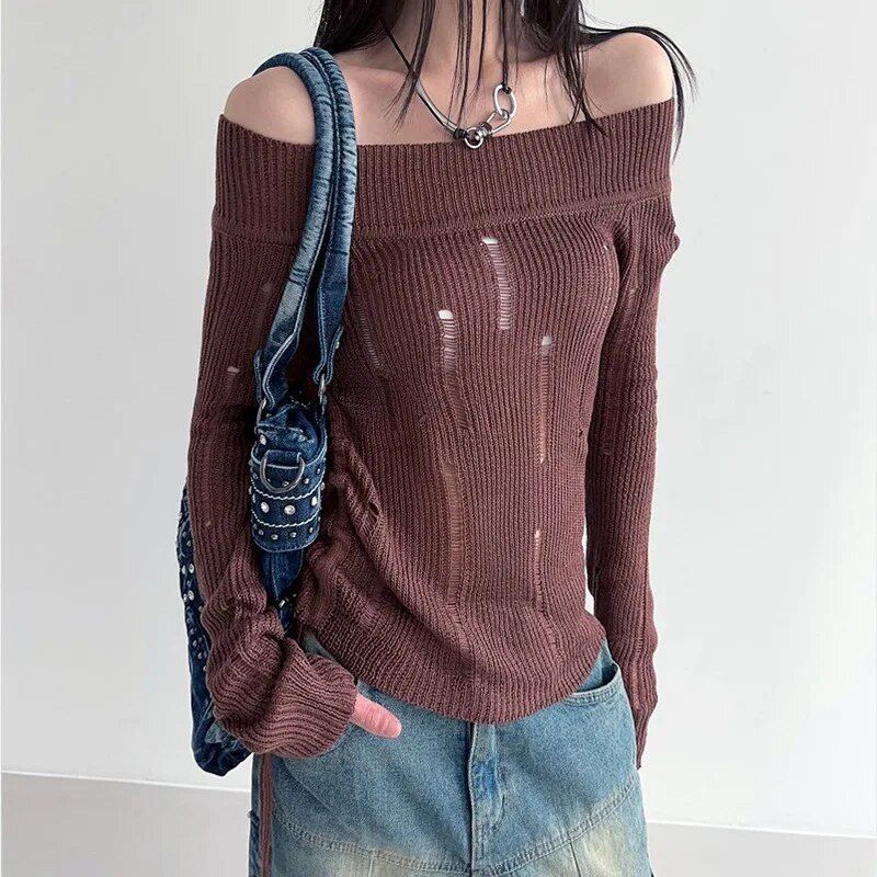 Knitted Hollow Out Slim Pullover for Women