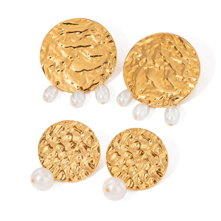 Retro 18K Gold Plated Stainless Steel Round Hammered Pearl Earrings