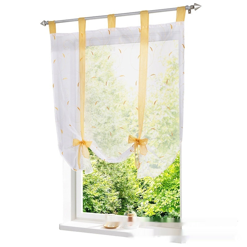 Embroidered Pastoral Adjustable Curtain Rod Ribbon Roman Window Screen