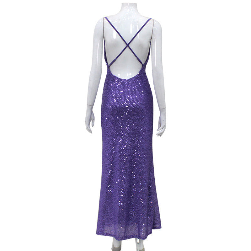 Sexy Low Cut Backless Slip Dress Slim-fit Sequined Dress