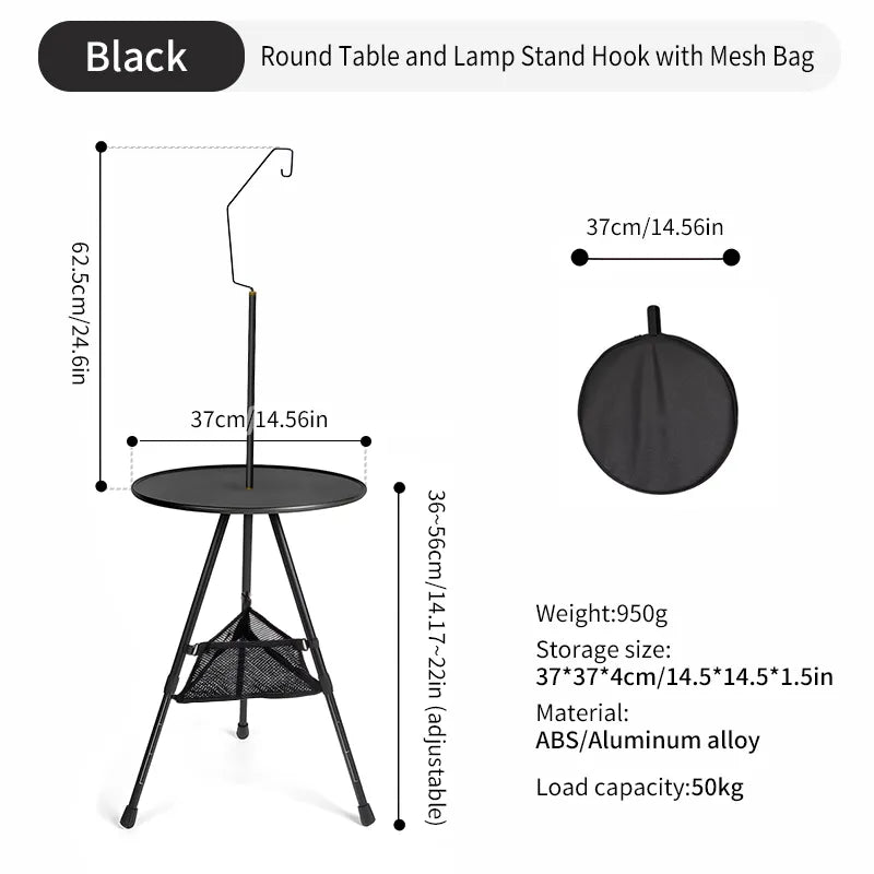 Adjustable Ultralight Portable Camping Round Table with Light Stand
