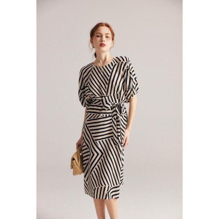 Elegant Striped Silk Mid-Calf Dress with Batwing Sleeves