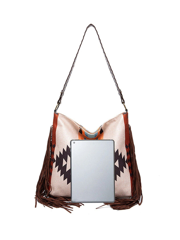 Bohemian Chic Large Canvas Shoulder Bag with Colorful Knitting and Tassel Details