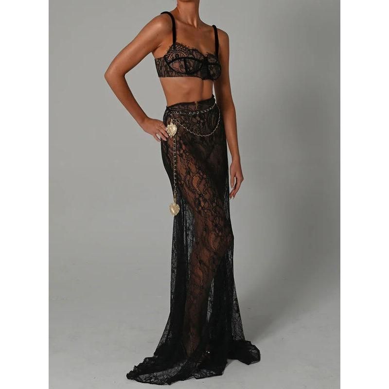 Elegant Lace Two-Piece Skirt Set - Sheath Crop Top with Maxi Skirt for Parties and Beach