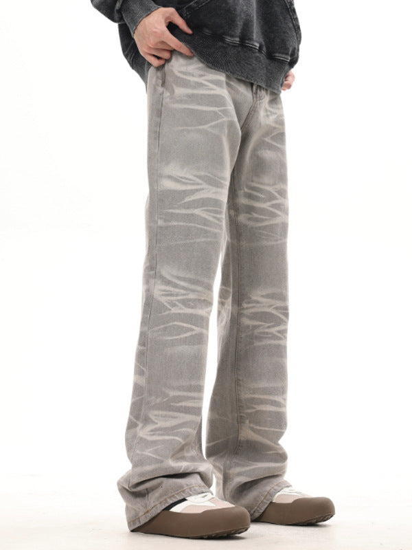 Retro Washed Striped Distressed Dirty Mud Gray Straight Jeans