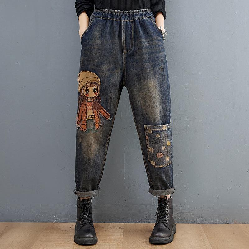 Cartoon Stickers Embroidered Jeans For Women - Trendha