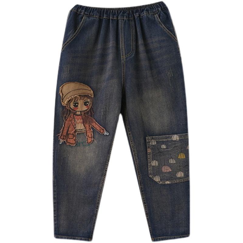 Cartoon Stickers Embroidered Jeans For Women - Trendha