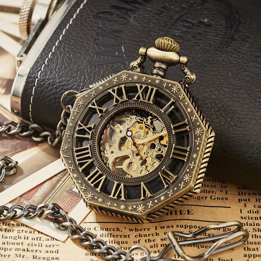 Carved Octagonal Mechanical Pocket Watch Retro Rome - Trendha