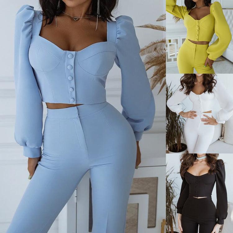 Casual Palace Style Bishop Sleeves Top Bell-bottom Pants Suit - Trendha
