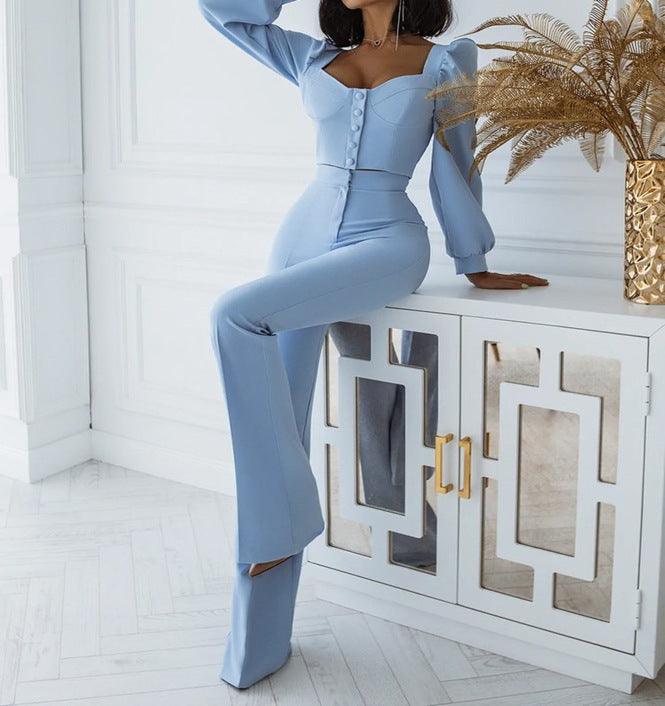 Casual Palace Style Bishop Sleeves Top Bell-bottom Pants Suit - Trendha
