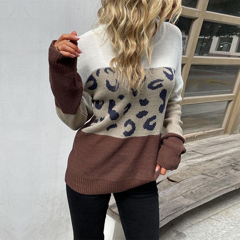 Casual Women's Long Sleeve Leopard Print Contrast Color Sweater - Trendha