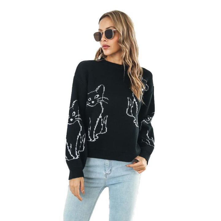 Cat Brocade Sweater Women's Loose Autumn And Winter Long-sleeved - Trendha