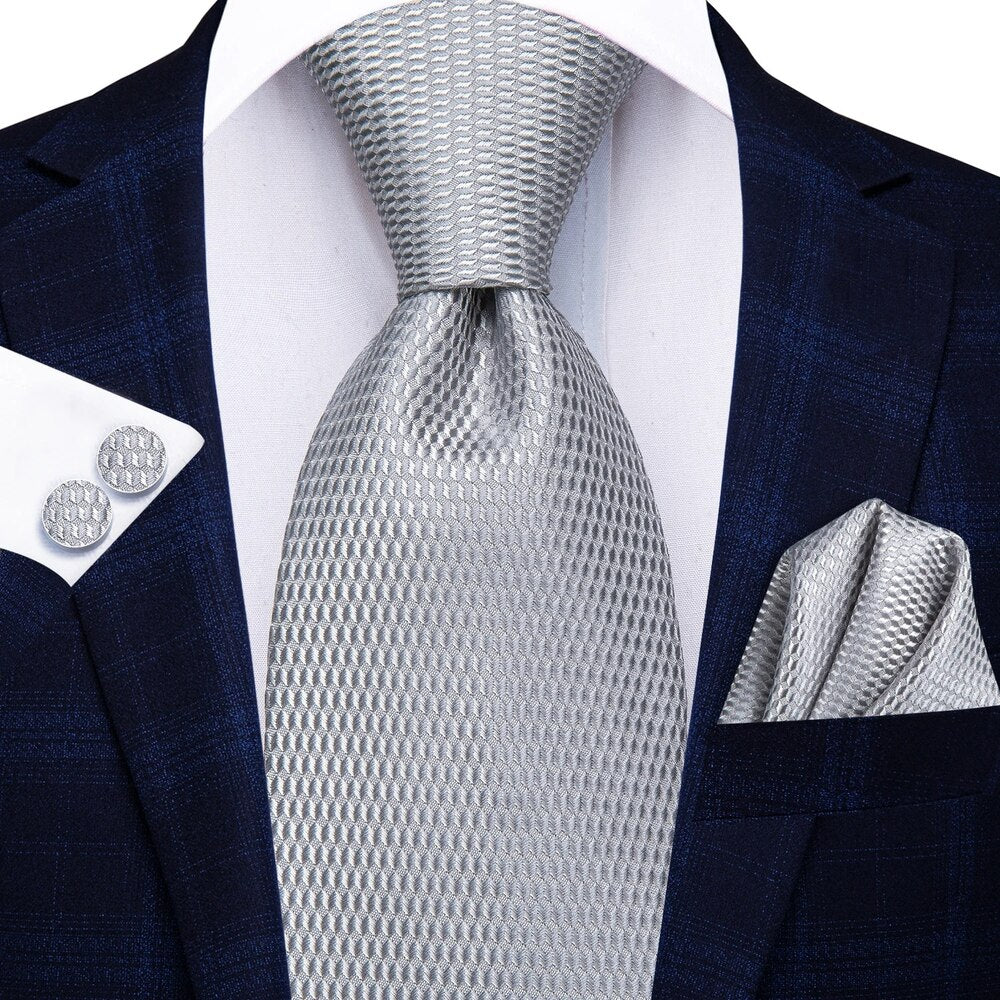 Elegant Grey Plaid Silk Necktie Set for Men