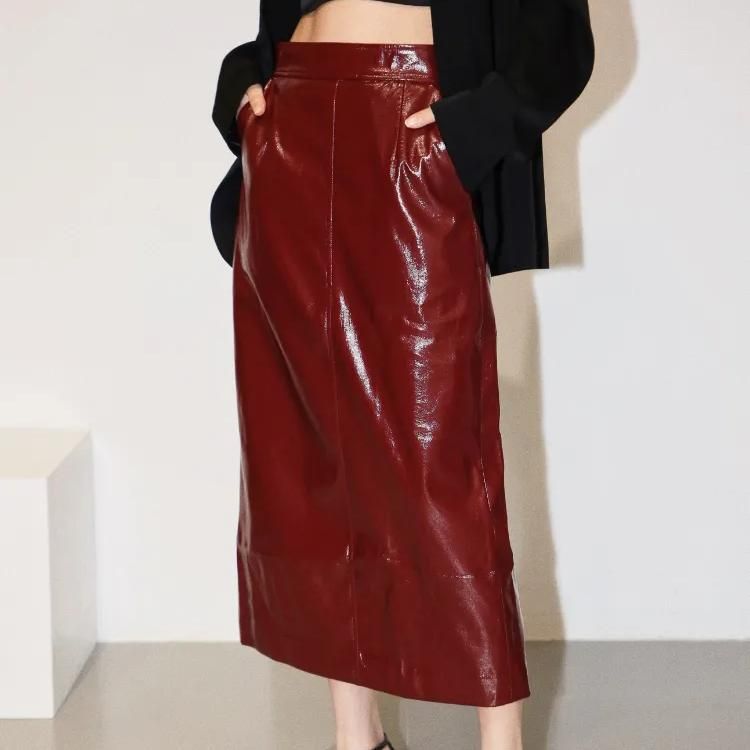 High Waist Reflective PU Leather Midi Pencil Skirt