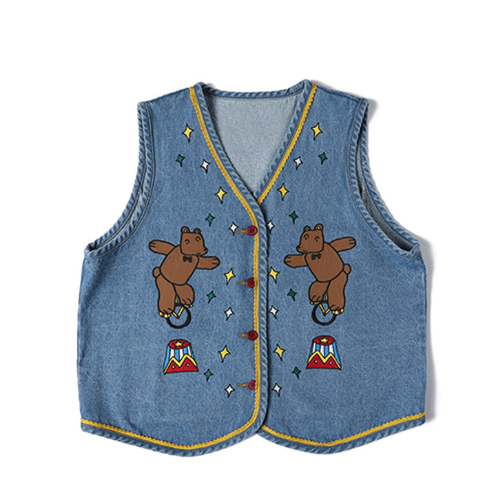 Denim Cartoon Graphic Sleeveless Vest Jacket for Teens