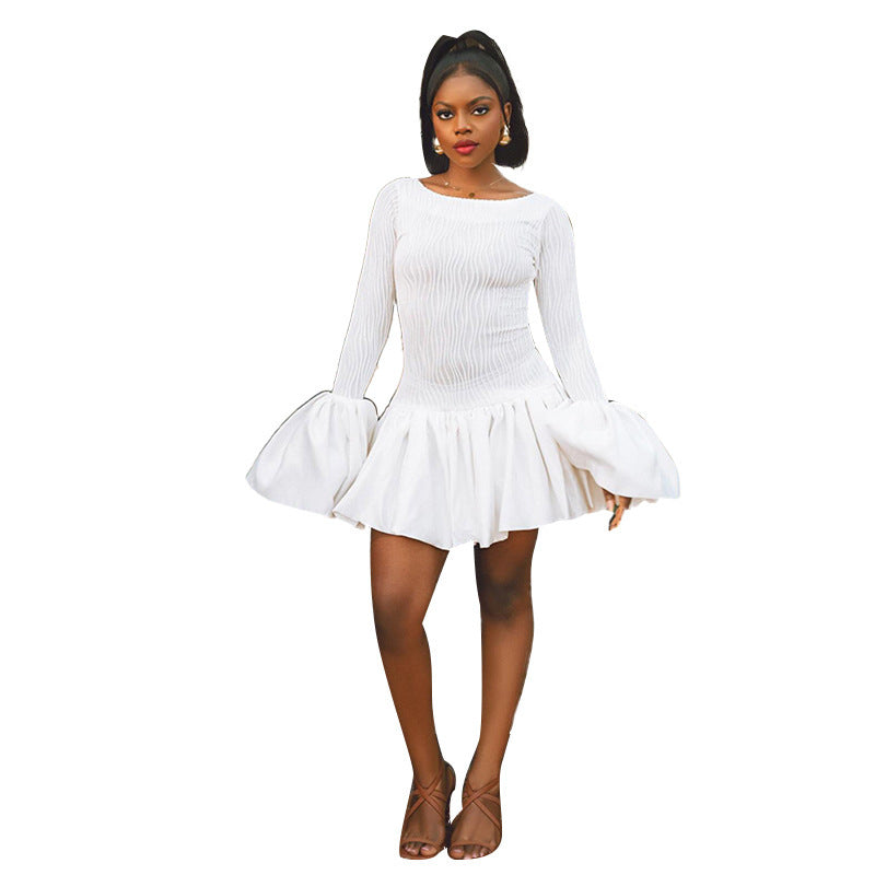 Round-neck Flared Sleeves Long Sleeve Ruffles Dress