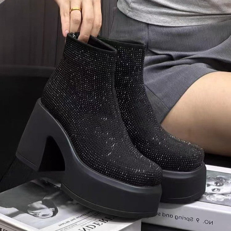 Starry Rhinestone Platform Chunky Heel Booties